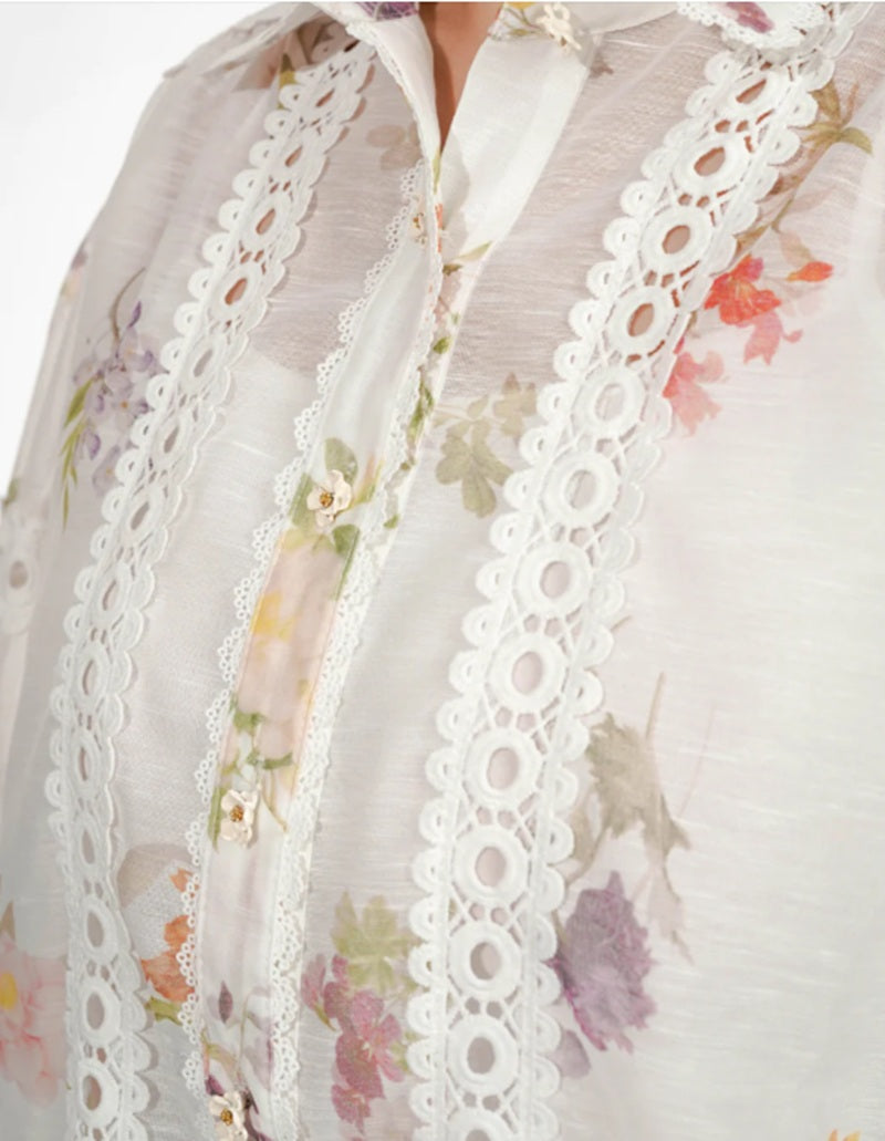 Floral Lace Puff Sleeve Shirt Dress