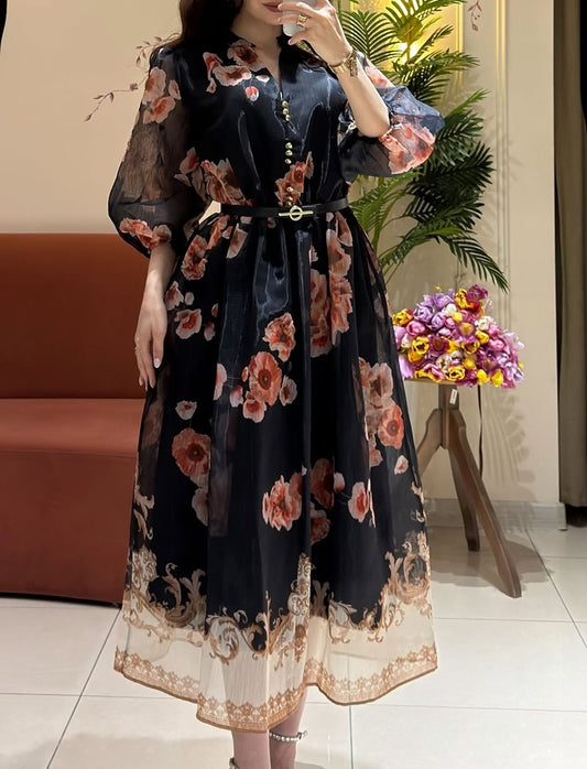 Floral Baroque Trim Puff Sleeve Belted Midi Dress