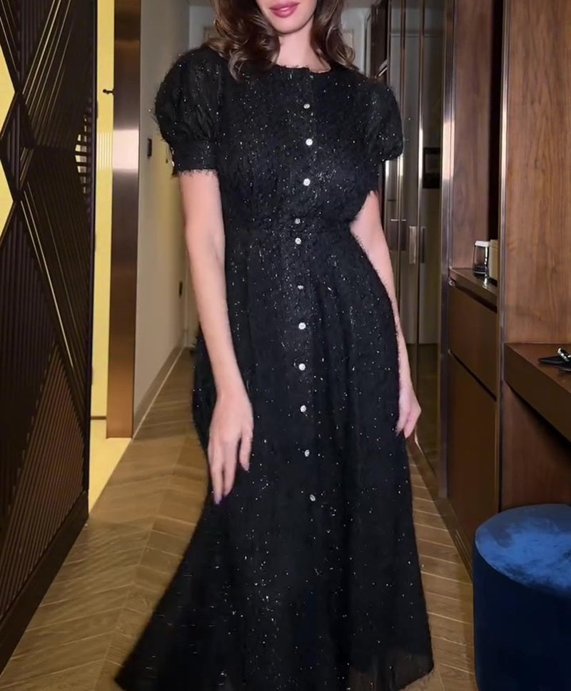 Black Sparkle Button-Down Flared Dress