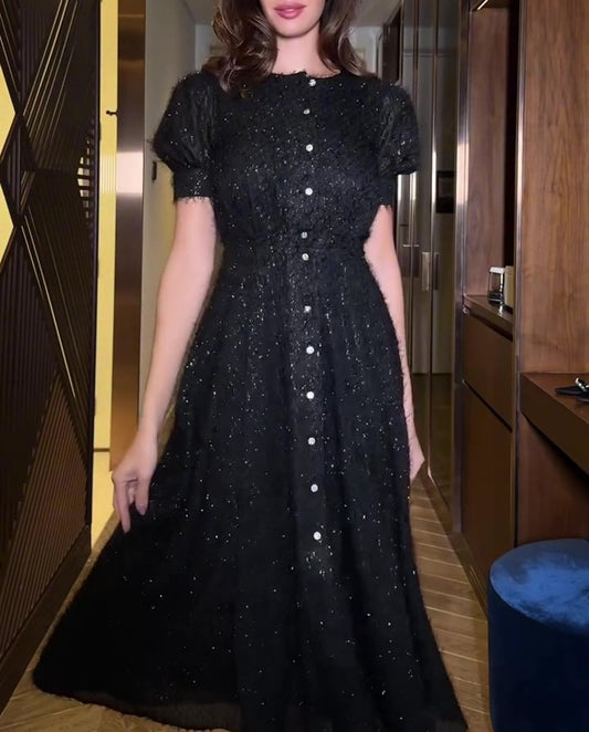 Black Sparkle Button-Down Flared Dress