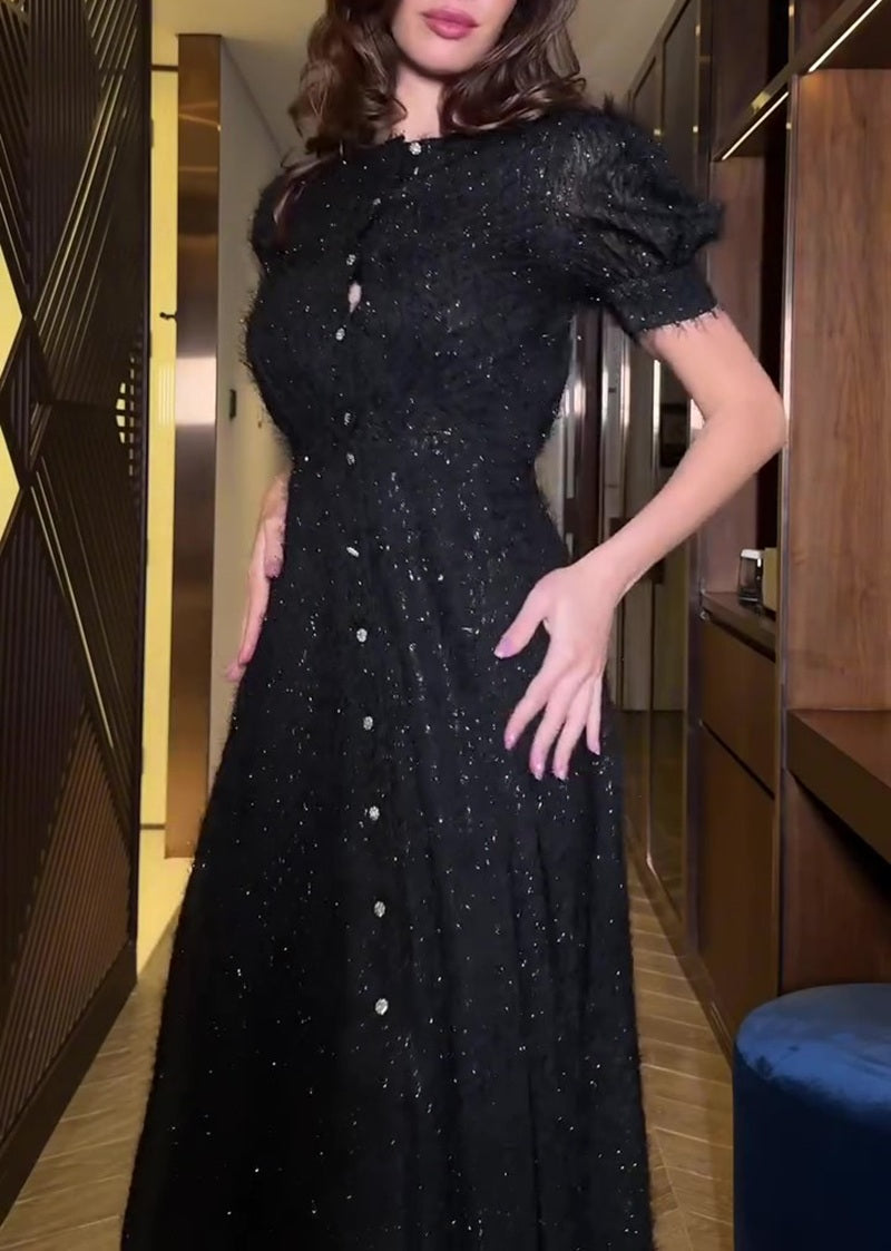 Black Sparkle Button-Down Flared Dress