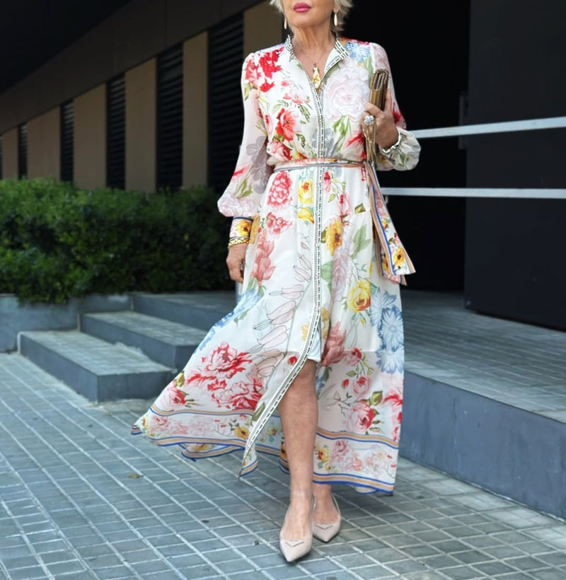 Stand Collar Floral Print Lantern Sleeve Belted Maxi Dress