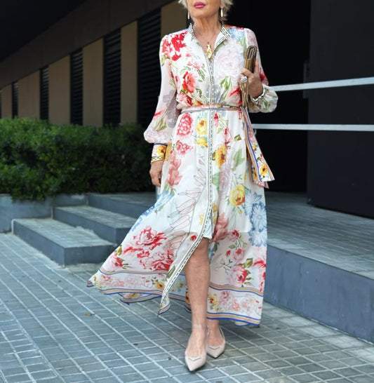 Stand Collar Floral Print Lantern Sleeve Belted Maxi Dress
