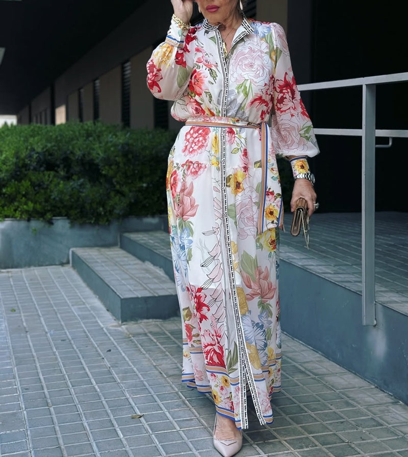 Stand Collar Floral Print Lantern Sleeve Belted Maxi Dress