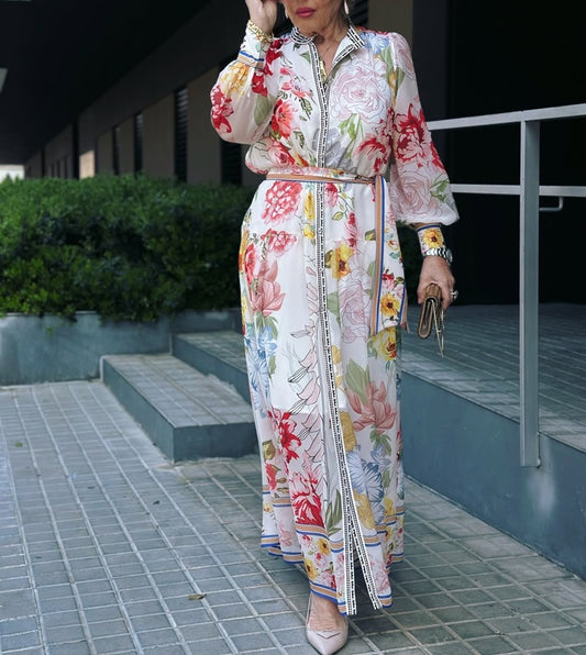 Stand Collar Floral Print Lantern Sleeve Belted Maxi Dress