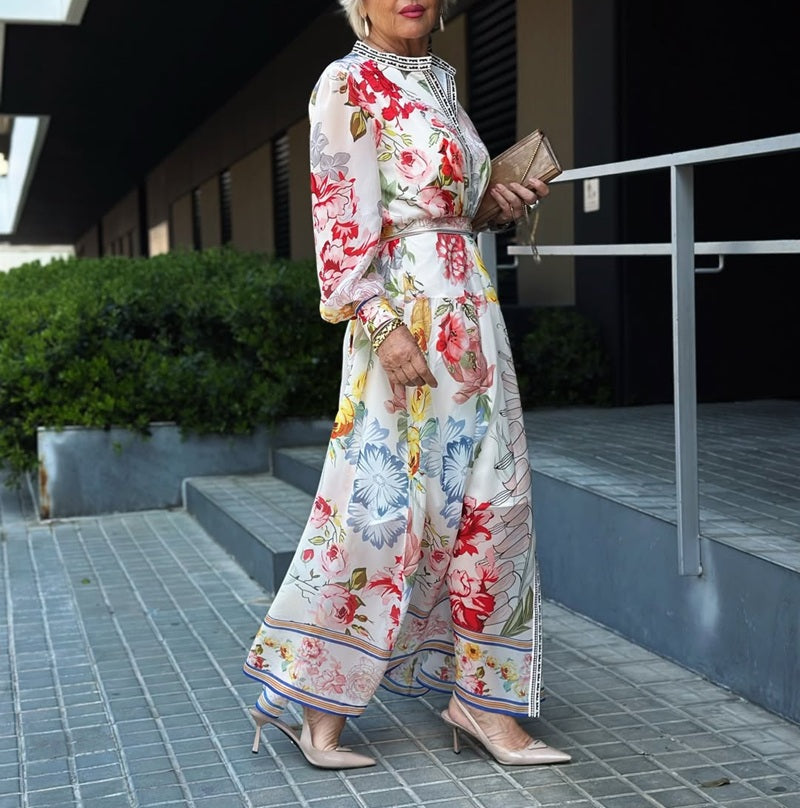 Stand Collar Floral Print Lantern Sleeve Belted Maxi Dress