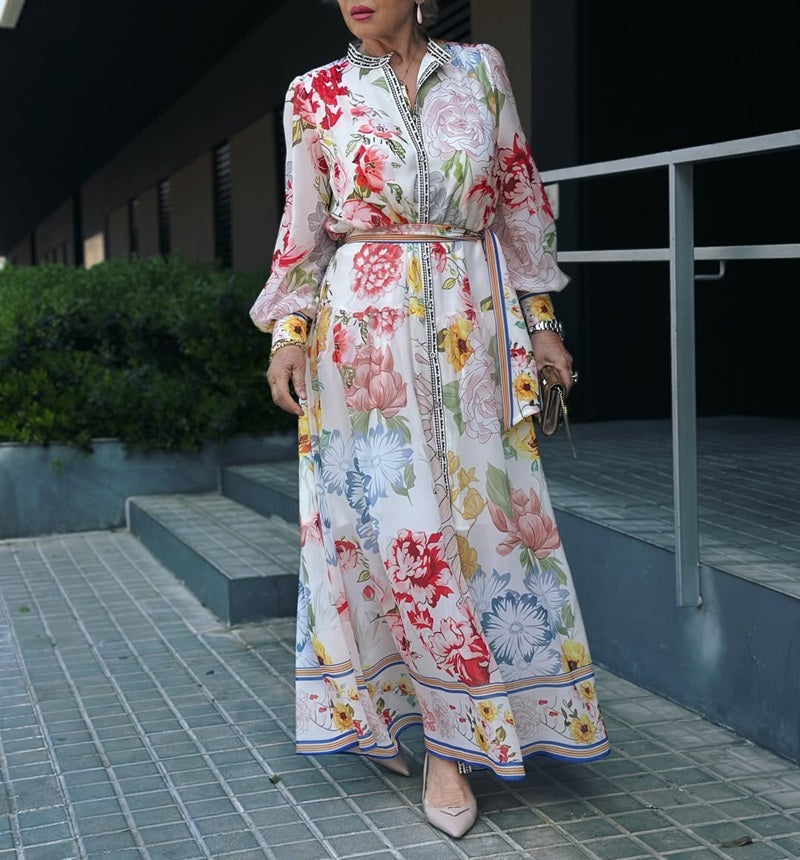 Stand Collar Floral Print Lantern Sleeve Belted Maxi Dress