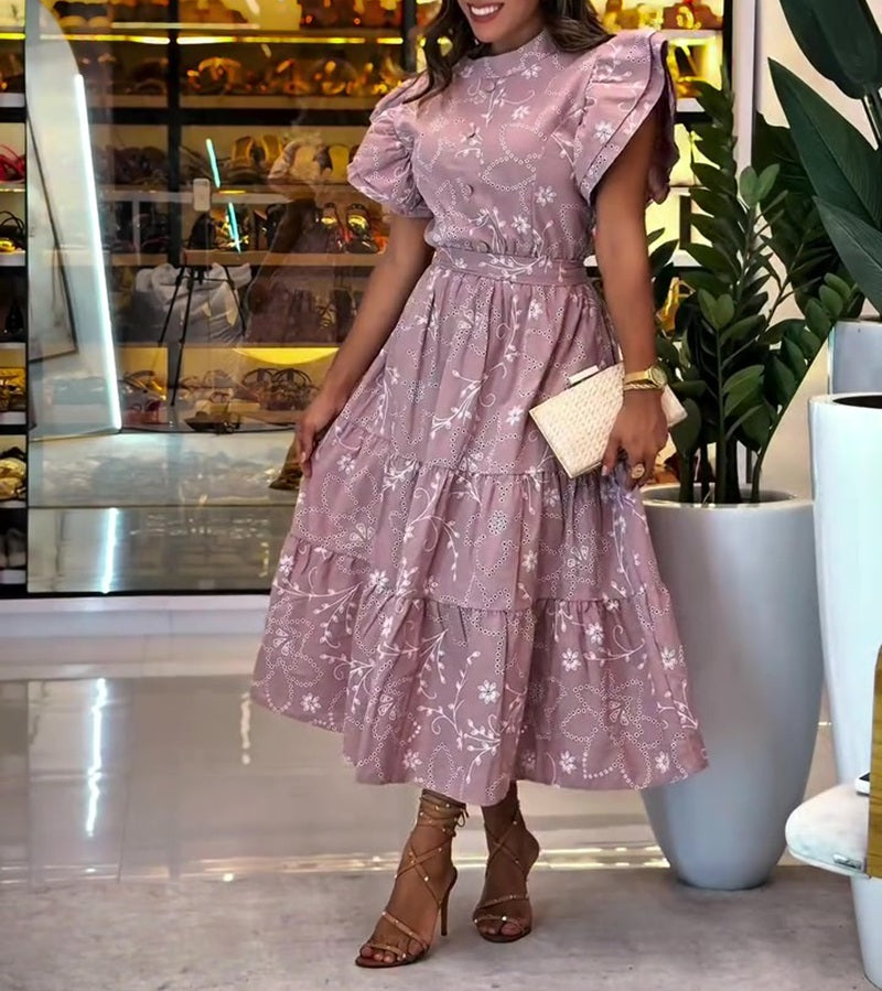High Neck Ruffle Sleeve Floral Print Tiered Midi Dress