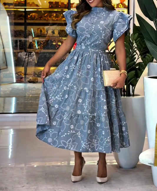 High Neck Ruffle Sleeve Floral Print Tiered Midi Dress