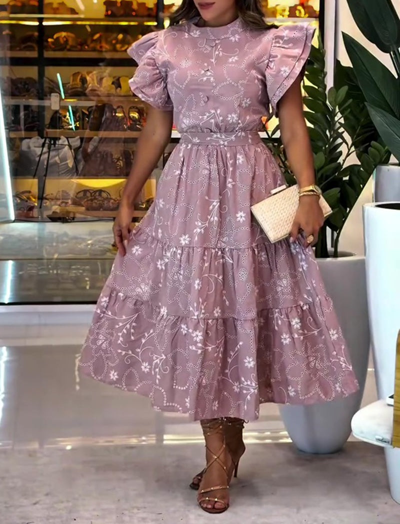High Neck Ruffle Sleeve Floral Print Tiered Midi Dress