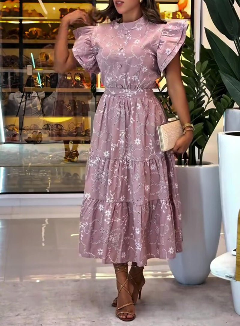 High Neck Ruffle Sleeve Floral Print Tiered Midi Dress