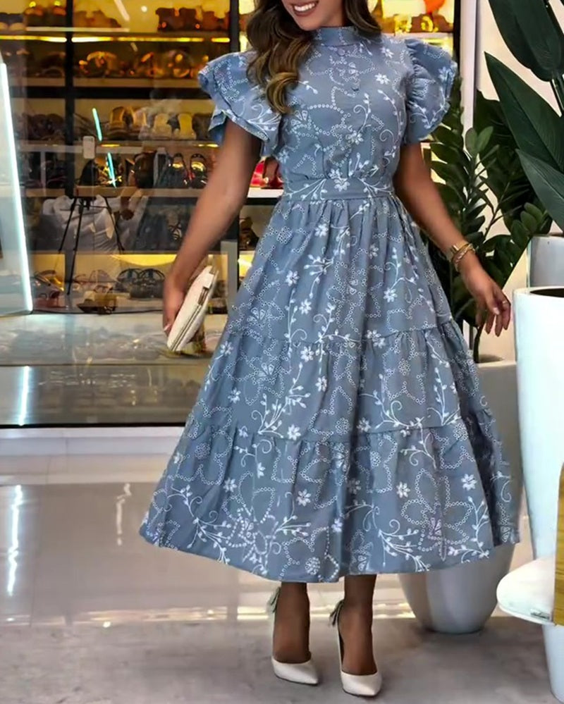 High Neck Ruffle Sleeve Floral Print Tiered Midi Dress