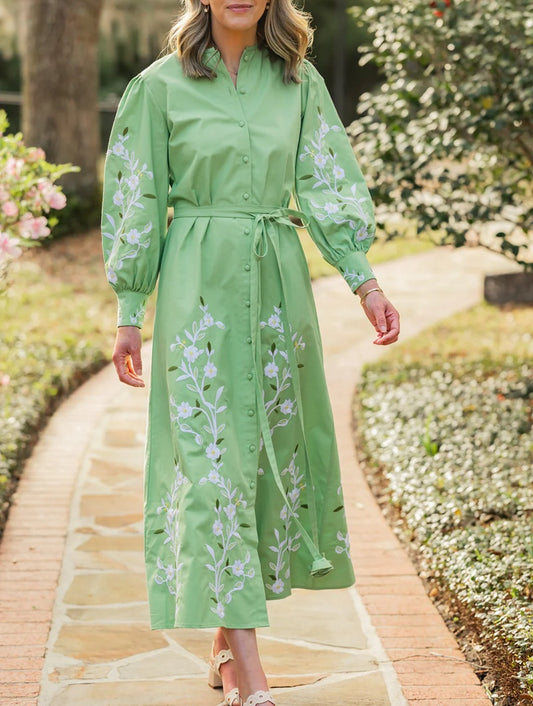 Vintage Puff Sleeve Embroidered Midi Dress