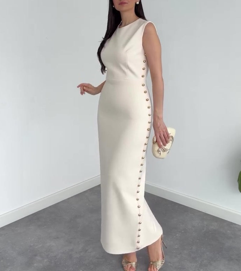 Cream Studded Sleeveless Bodycon Maxi Dress