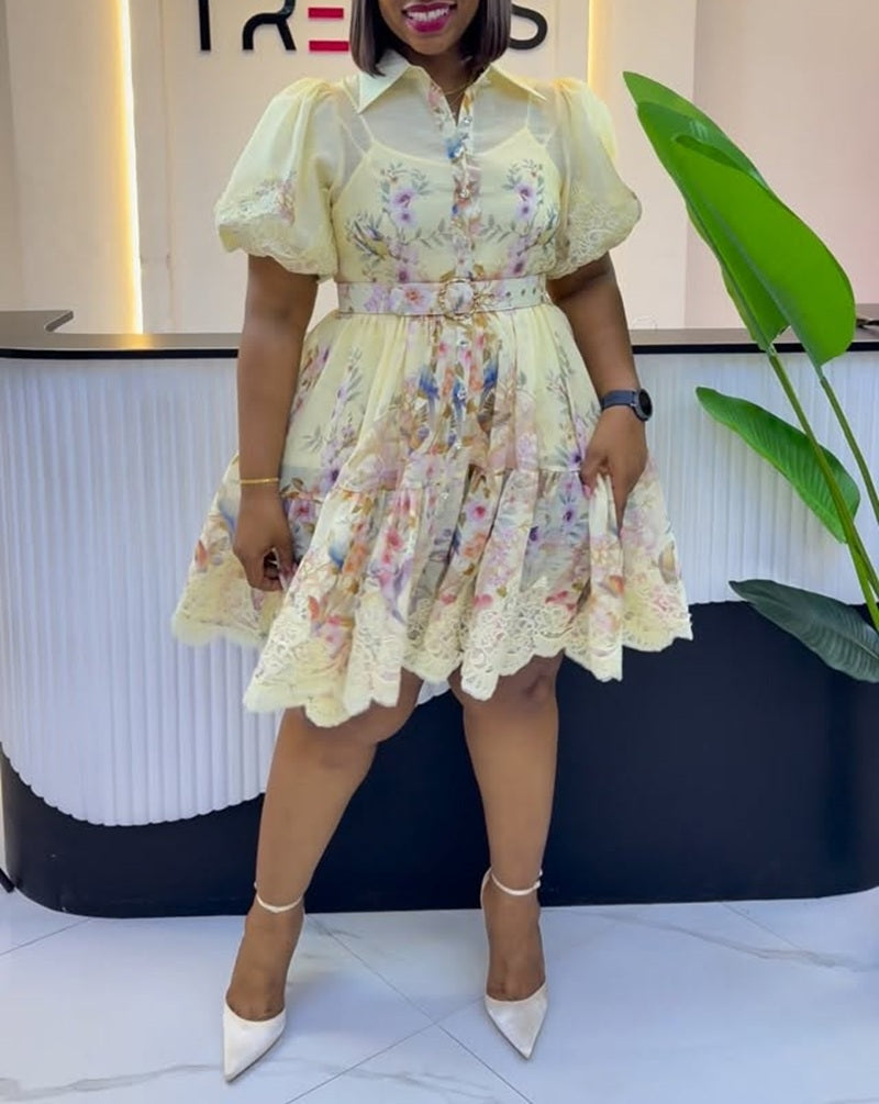 Floral Lace Trim Belted Shirt Mini Dress