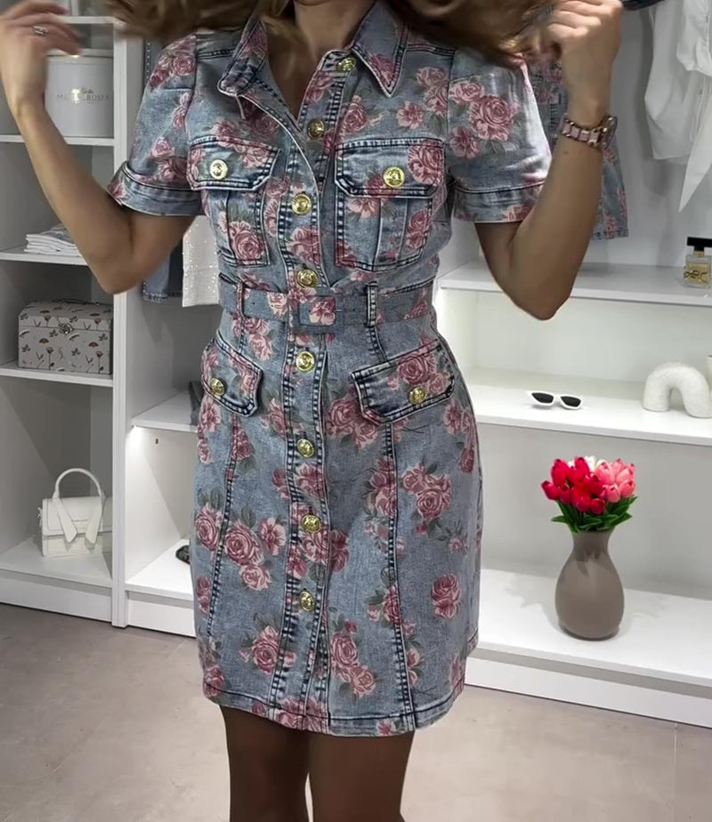Vintage Rose Print Denim Shirt Dress With Belt