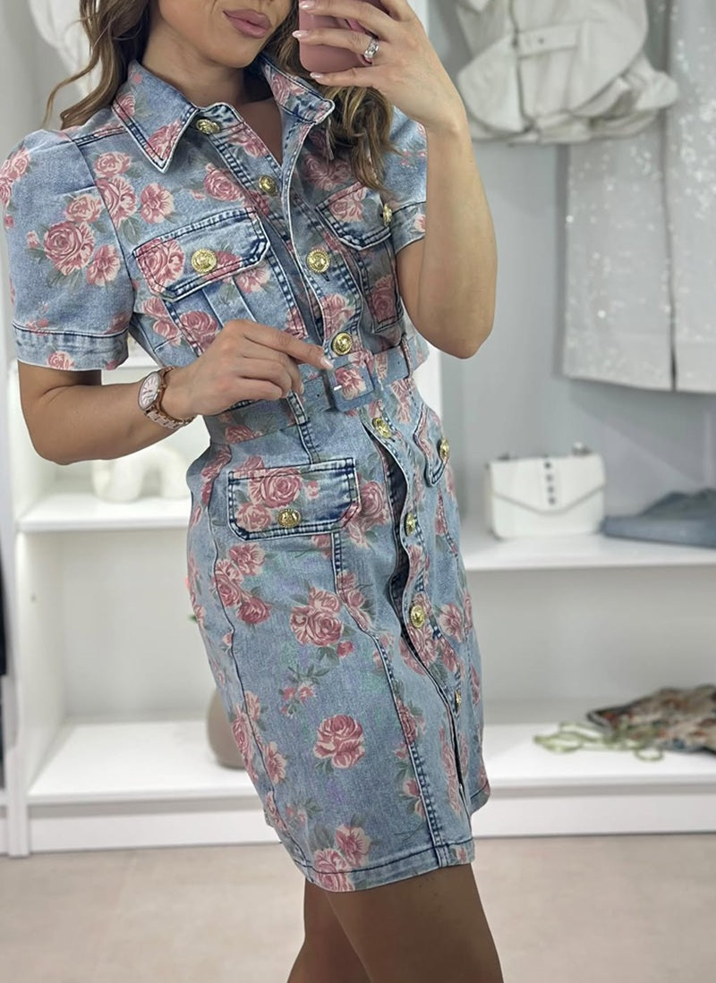 Vintage Rose Print Denim Shirt Dress With Belt