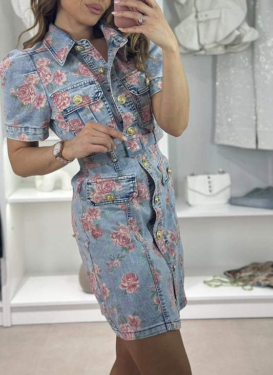 Vintage Rose Print Denim Shirt Dress With Belt