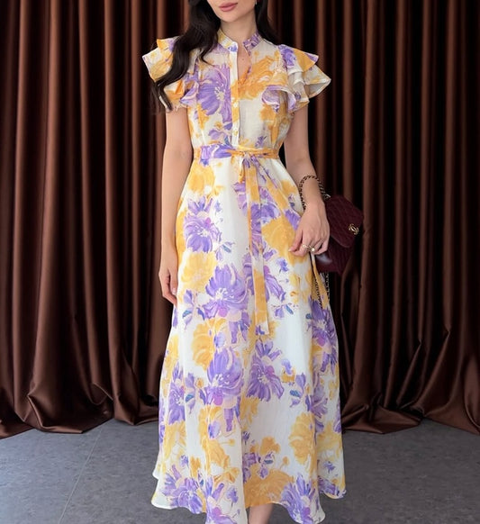Floral Print Ruffle Sleeve Belted Maxi Dress