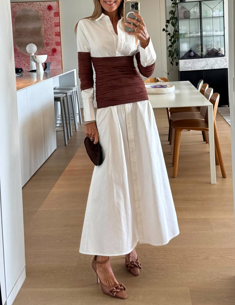 Ruched Waist Colorblock Shirt Maxi Dress