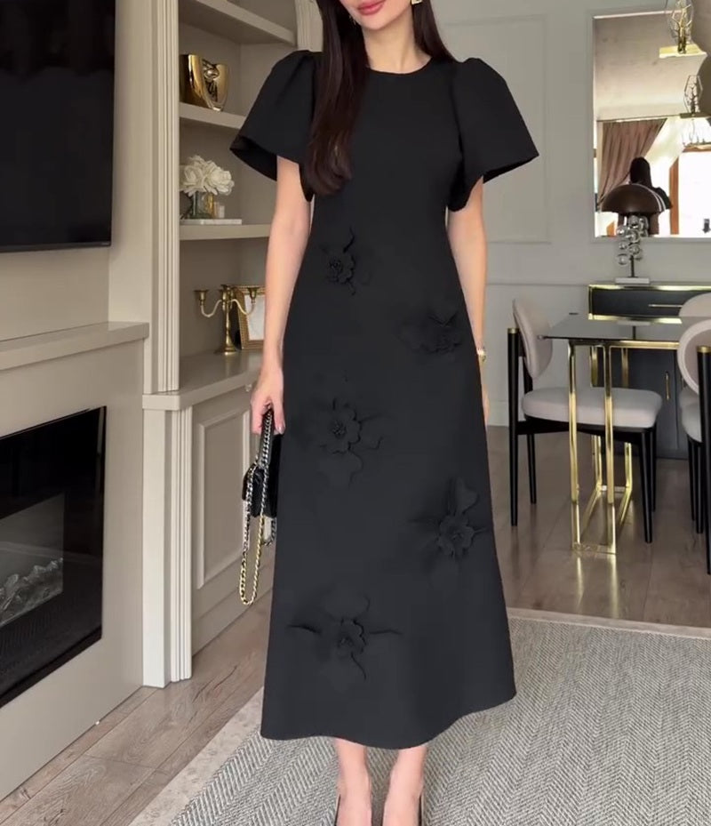 3D Floral Applique Puff Sleeve Round Neck Dress