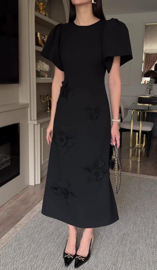 3D Floral Applique Puff Sleeve Round Neck Dress