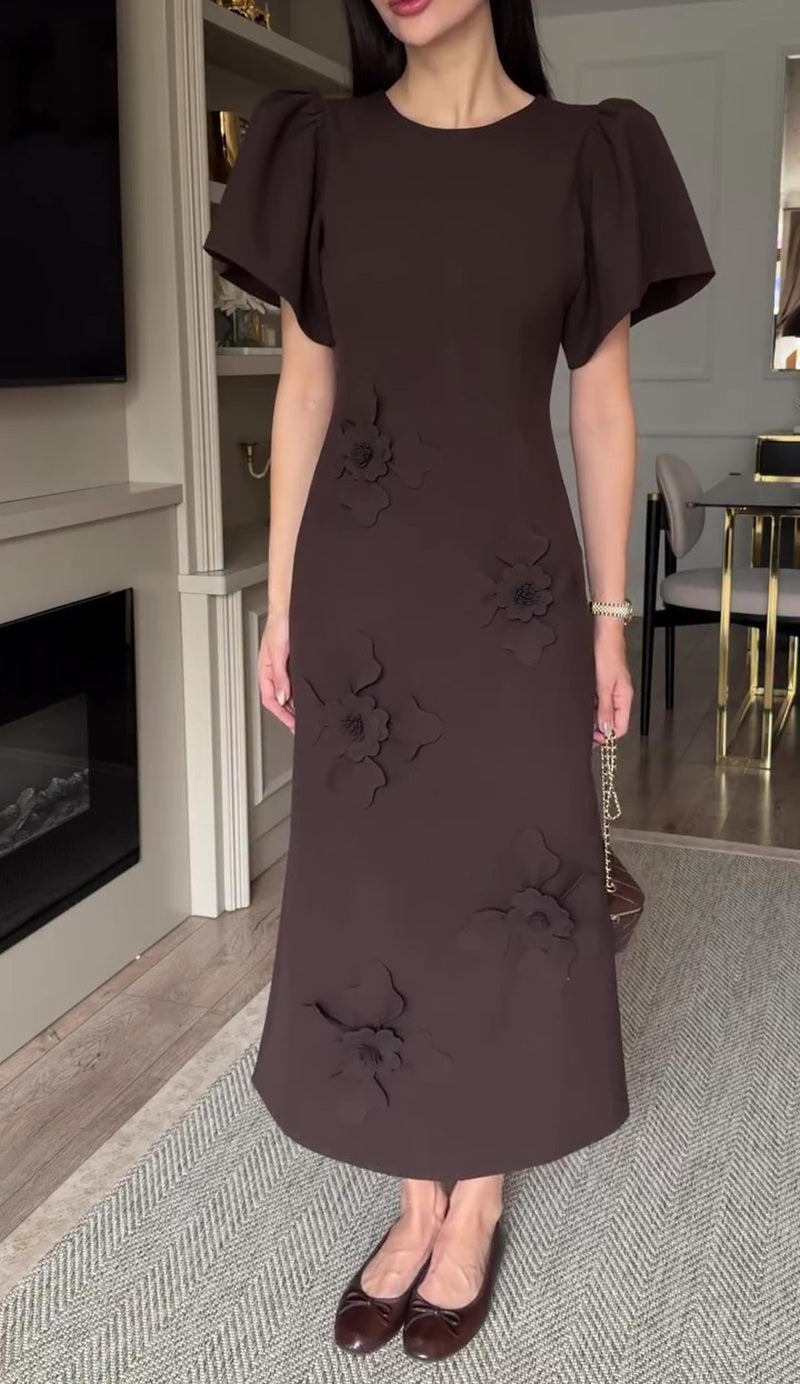 3D Floral Applique Puff Sleeve Round Neck Dress