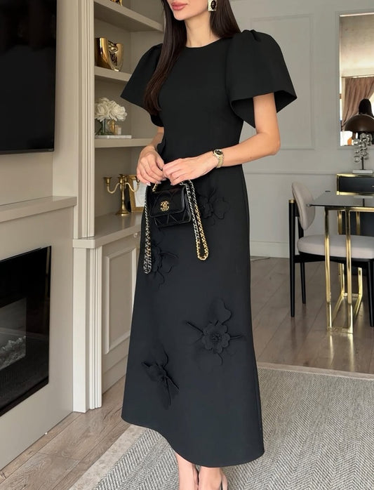 3D Floral Applique Puff Sleeve Round Neck Dress