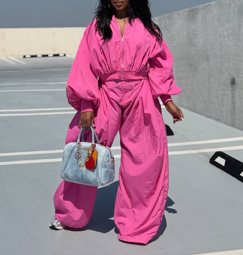 Bubble Sleeve Top & Wide Leg Pants Two-Piece Set