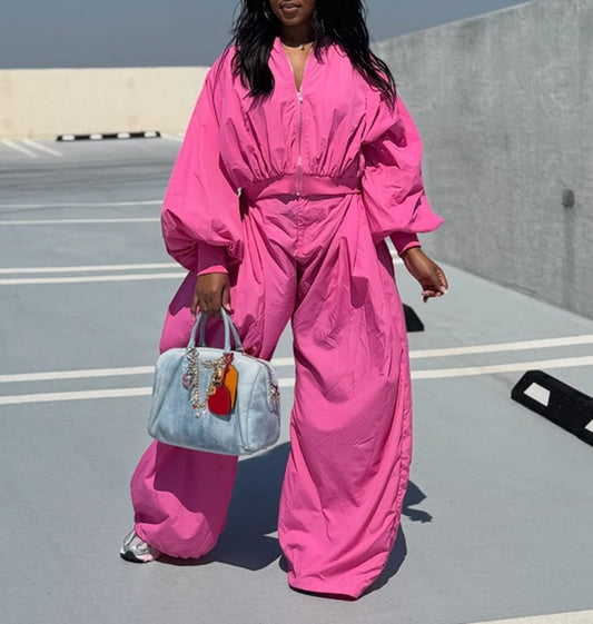 Bubble Sleeve Top & Wide Leg Pants Two-Piece Set