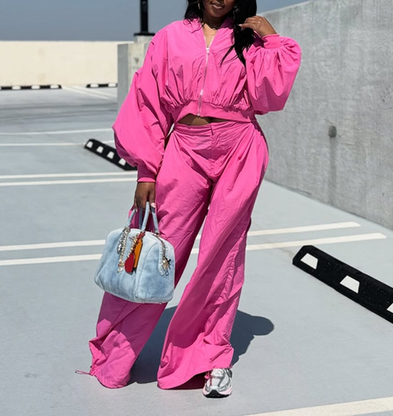 Bubble Sleeve Top & Wide Leg Pants Two-Piece Set