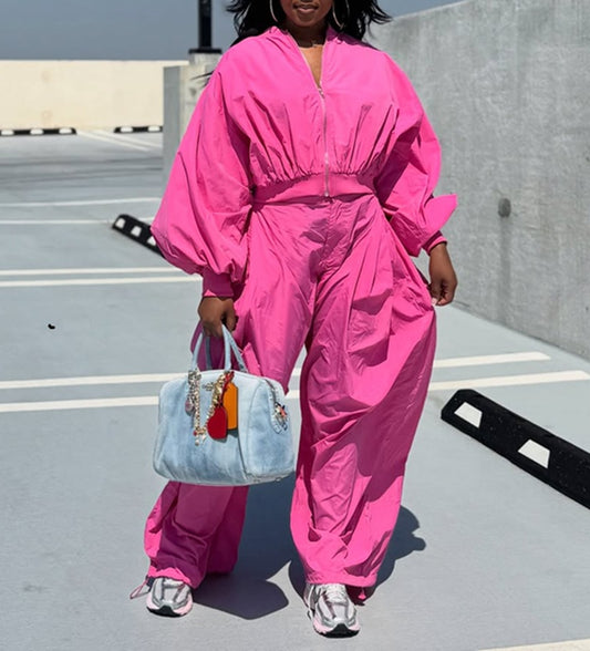 Bubble Sleeve Top & Wide Leg Pants Two-Piece Set