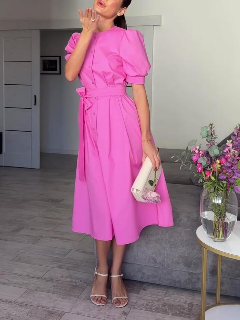 Puff Sleeve Belted Button Down Midi Dress