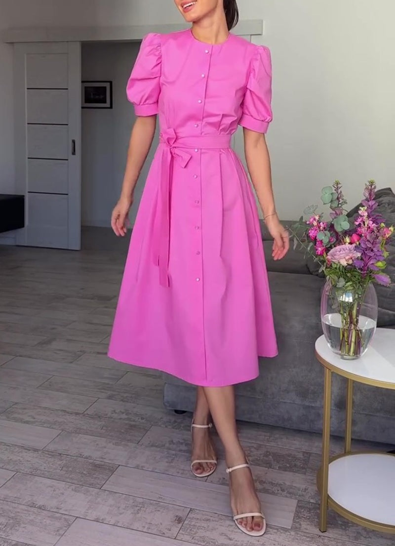 Puff Sleeve Belted Button Down Midi Dress