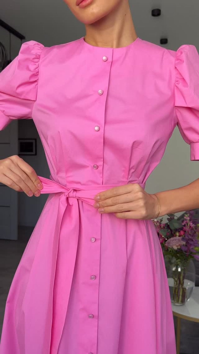Puff Sleeve Belted Button Down Midi Dress