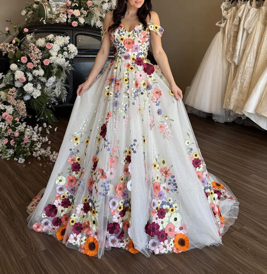Off Shoulder Floral Applique A-Line Tulle Gown