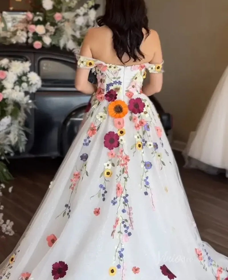 Off Shoulder Floral Applique A-Line Tulle Gown