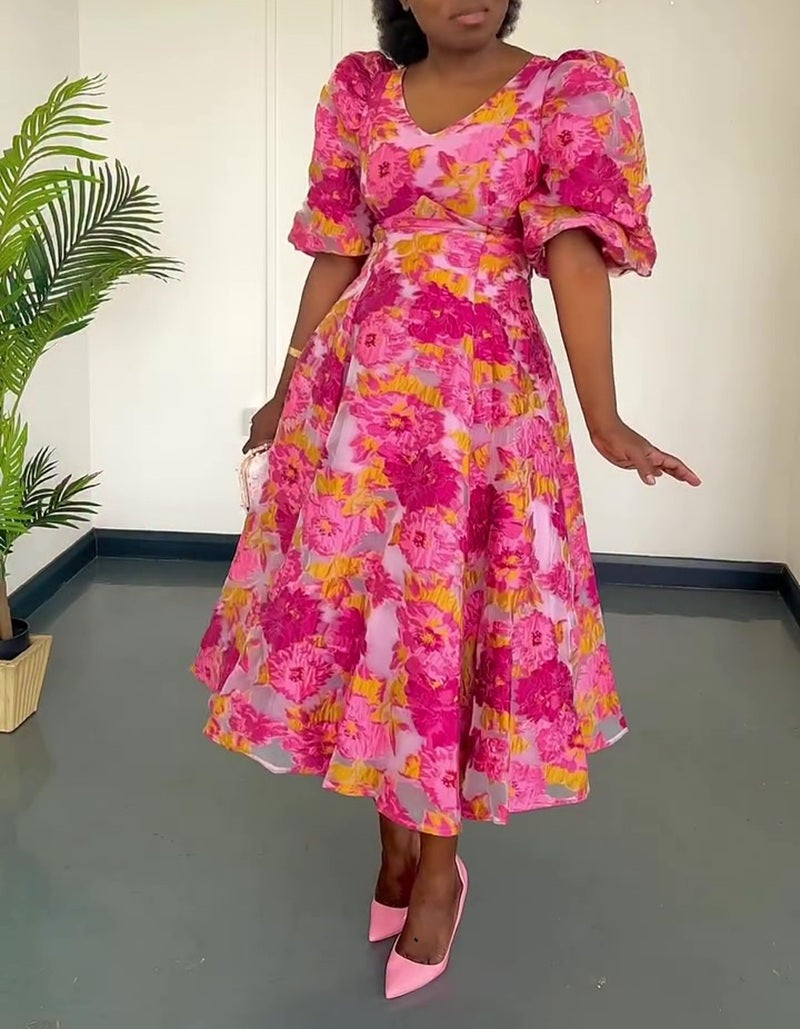 Elegant Floral Print Puff Sleeve Swing Dress