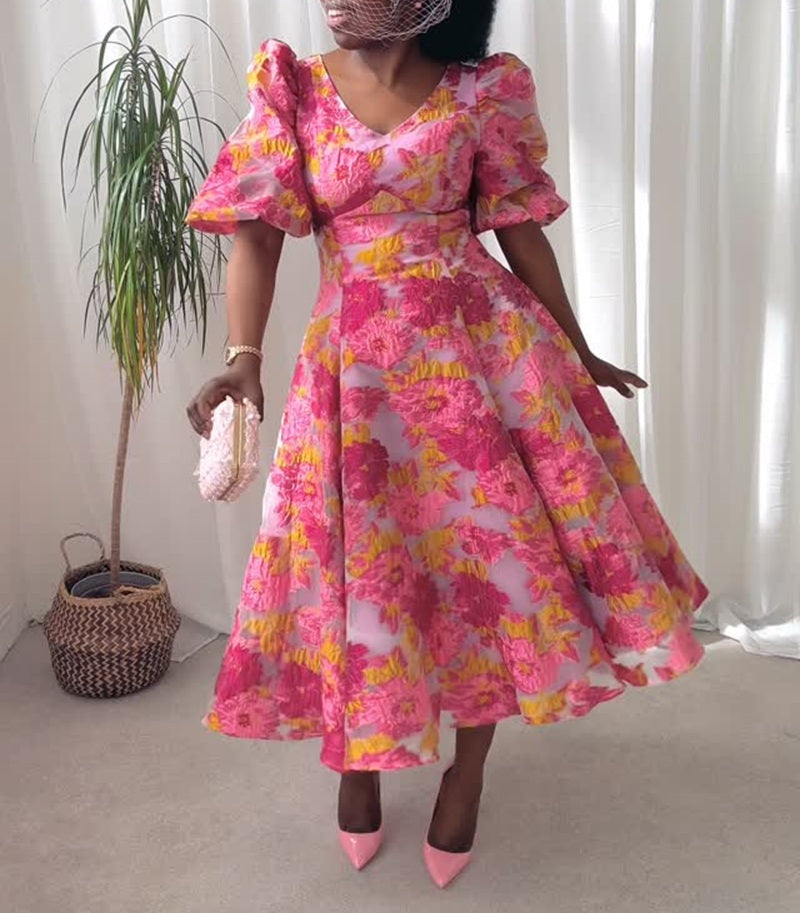 Elegant Floral Print Puff Sleeve Swing Dress