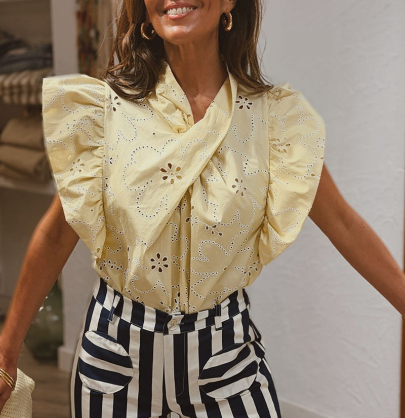 Eyelet Ruffle Sleeve Tie Neck Blouse