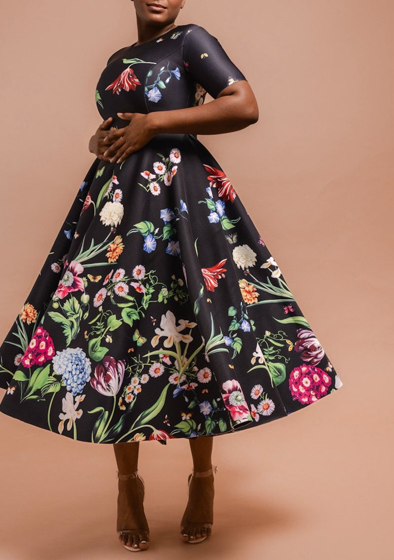 Botanical Garden Flare Midi Dress
