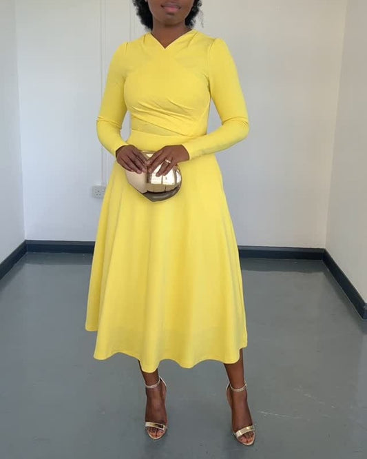 Elegant Wrap Waist Long Sleeve Midi Dress