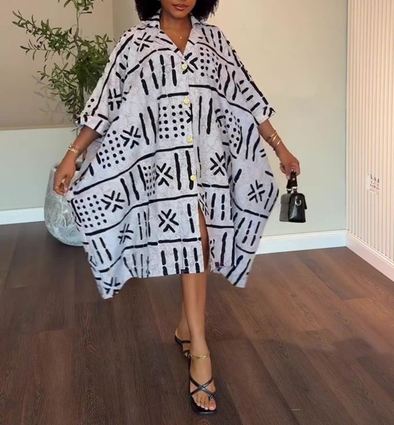 Print Oversized Batwing Sleeve Shirt Dress