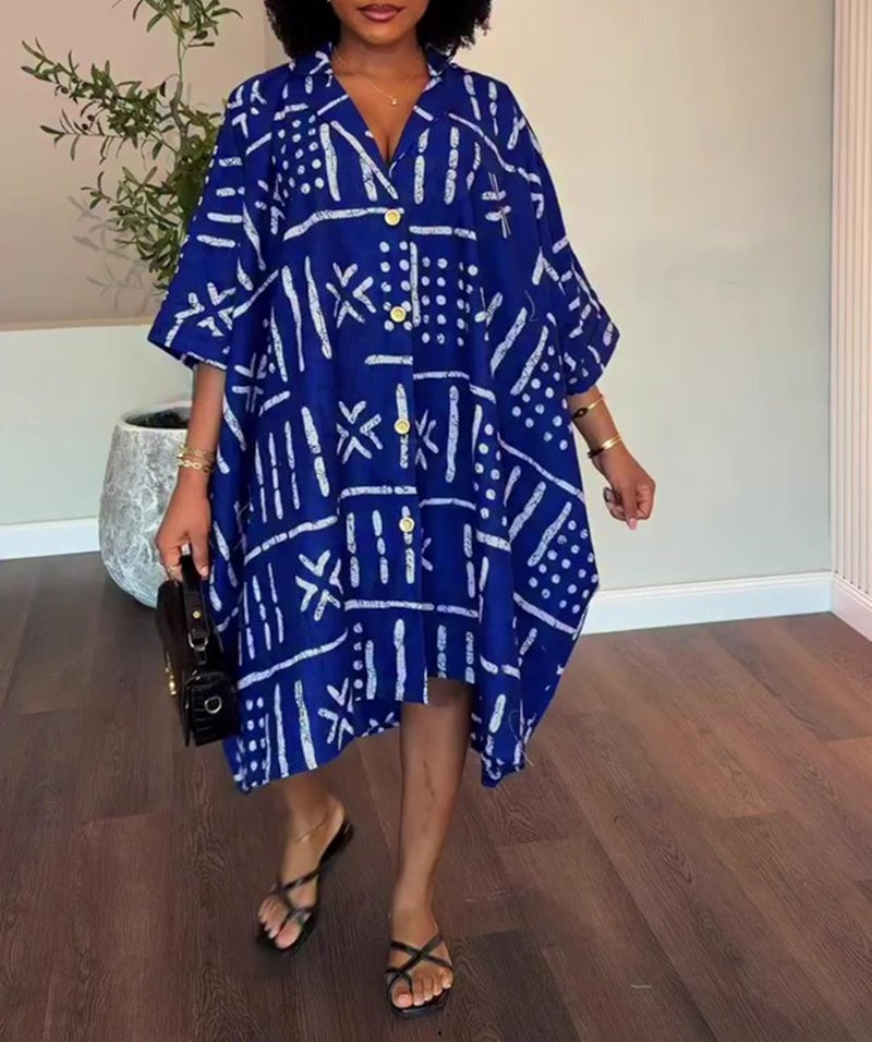 Print Oversized Batwing Sleeve Shirt Dress