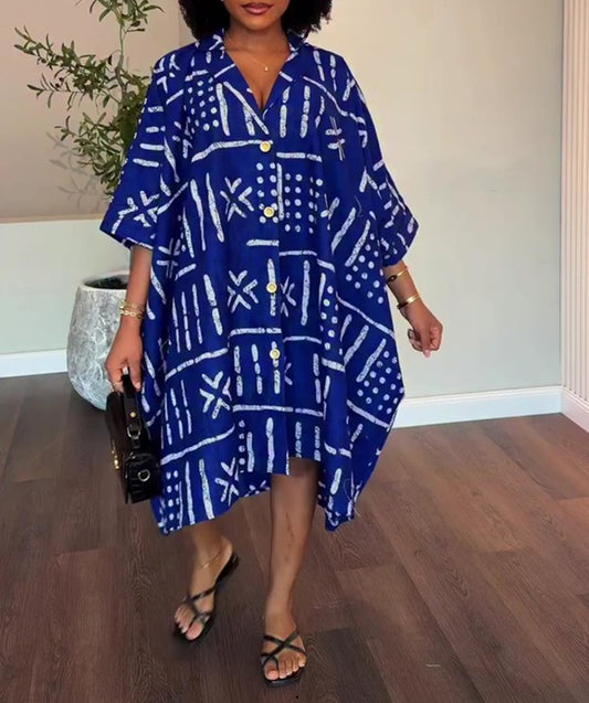 Print Oversized Batwing Sleeve Shirt Dress