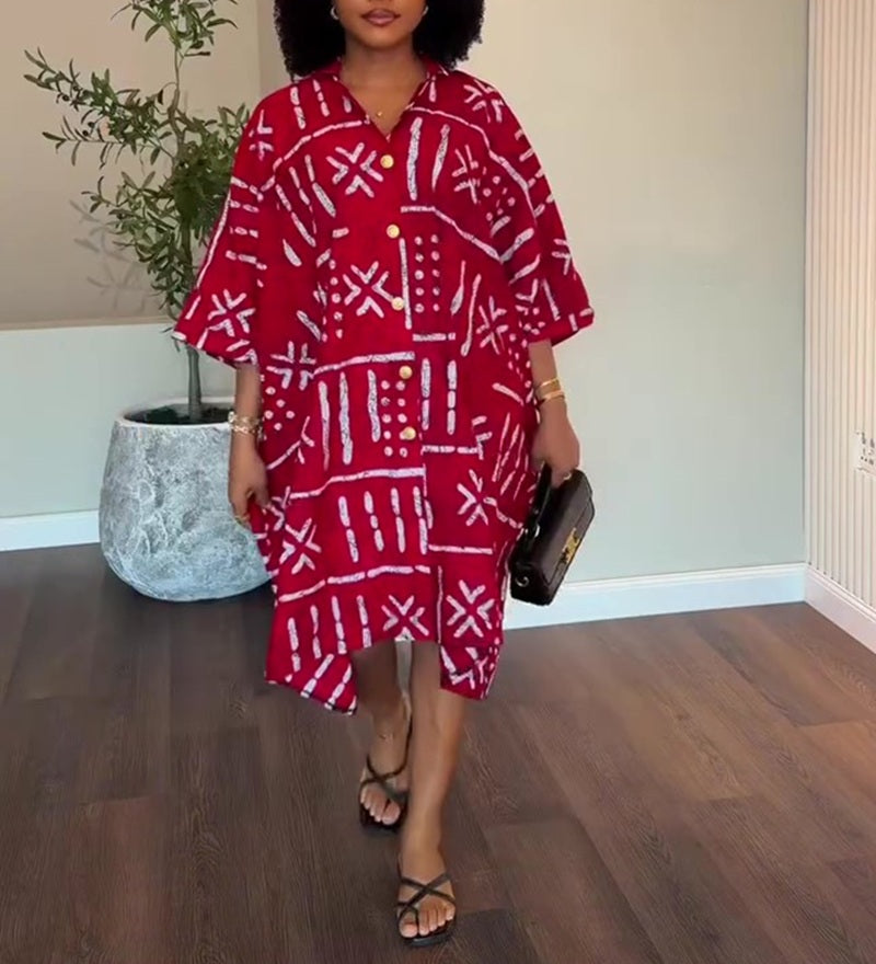 Print Oversized Batwing Sleeve Shirt Dress