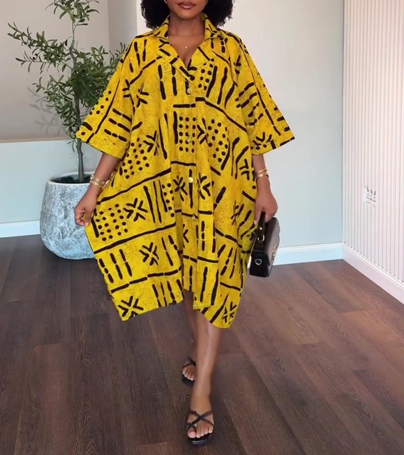 Print Oversized Batwing Sleeve Shirt Dress