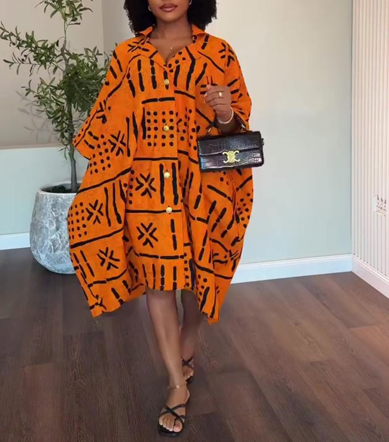 Print Oversized Batwing Sleeve Shirt Dress