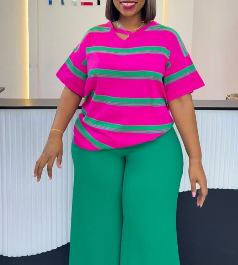 Striped Cutout Neck Oversized Top
