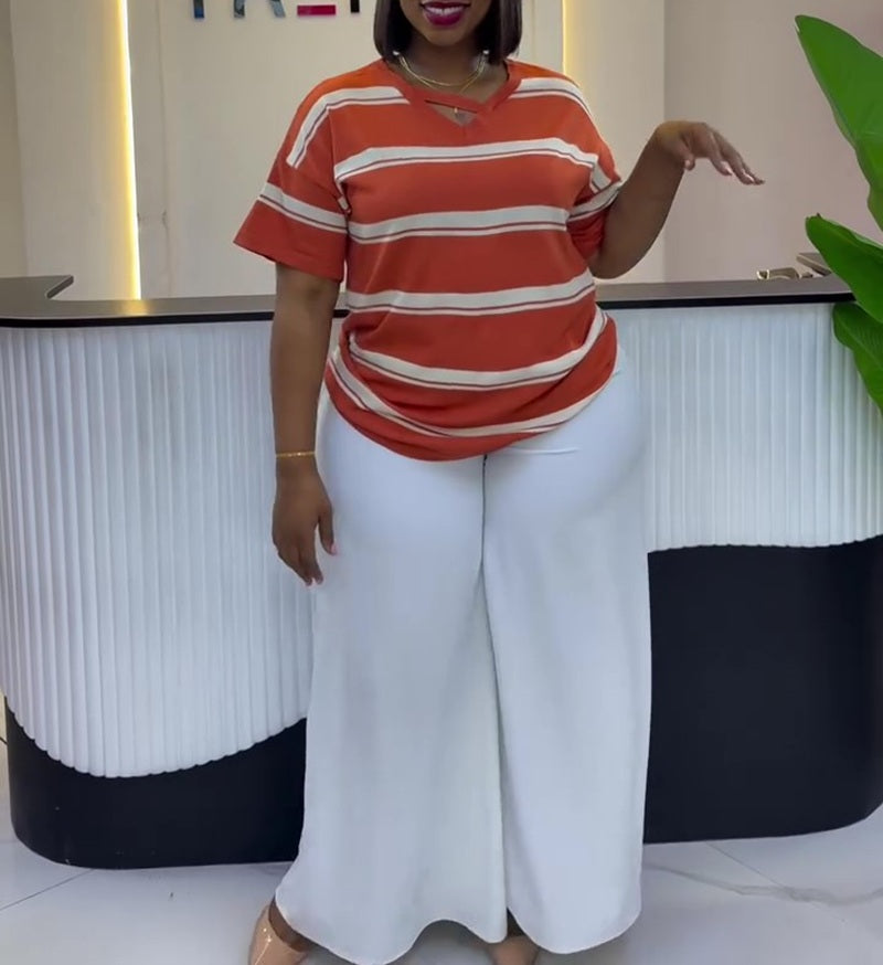 Striped Cutout Neck Oversized Top